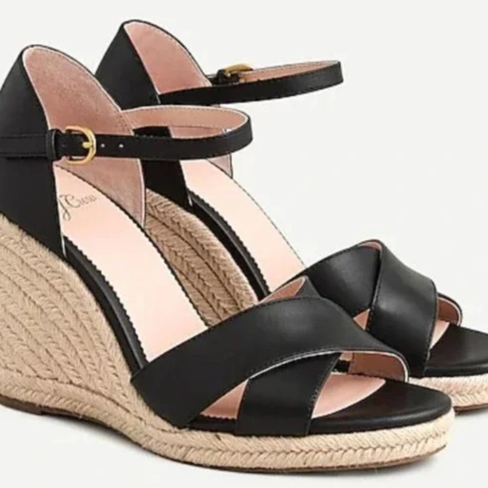 J. Crew Jute Wedge Sandals, Black Leather Size 10